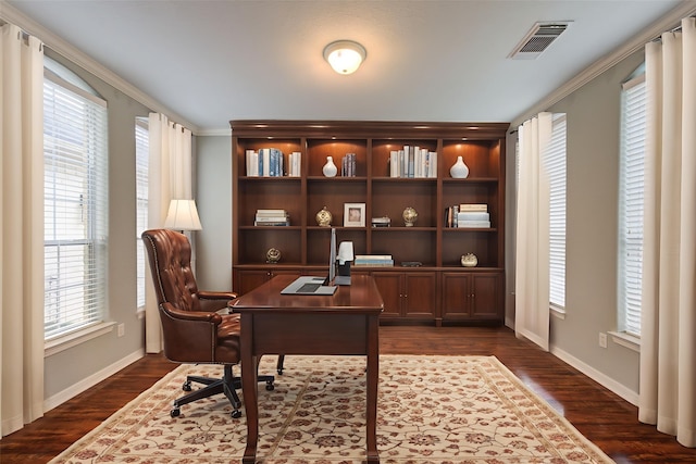 13214 Dusty Grove Ln, Sugar Land, TX 77498 - office area with dark wood-style floors and ornamental molding