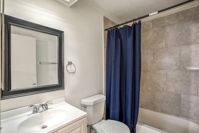 23123 Lestergate Dr, Spring, TX 77373 - bathroom with toilet, vanity, shower / bath combination with curtain, a textured ceiling, and crown molding
