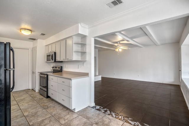 23123 Lestergate Dr, Spring, TX 77373 - kitchen with appliances with stainless steel finishes, a ceiling fan, open shelves, light countertops, and light tile patterned floors