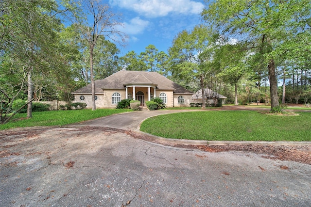 5 Briarwood Dr, Conroe, TX 77301 - view of front of property with curved driveway, stucco siding, and a front lawn