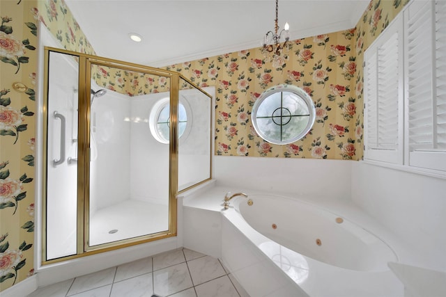 5 Briarwood Dr, Conroe, TX 77301 - bathroom with wallpapered walls, ornamental molding, tile patterned floors, a shower stall, and a tub with jets