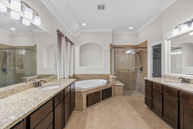 full bath with a garden tub, a sink, a stall shower, and crown molding