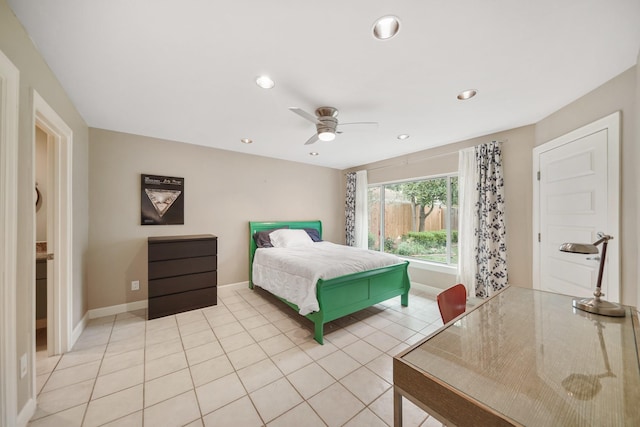 bedroom with baseboards, recessed lighting, ceiling fan, and light tile patterned flooring