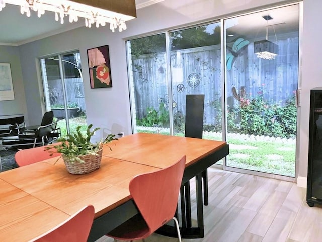 dining room with a chandelier, wood finished floors, a healthy amount of sunlight, and ornamental molding