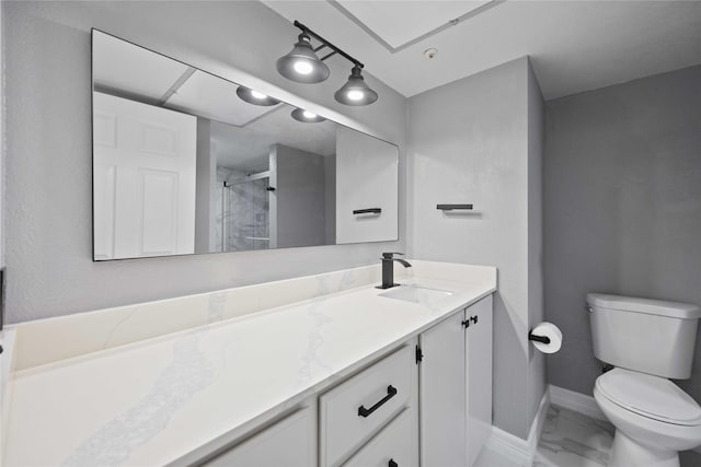 full bathroom with a stall shower, toilet, a skylight, marble finish floor, and baseboards