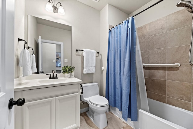 full bath featuring toilet, shower / bath combo, tile patterned flooring, and vanity