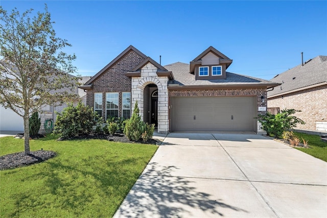 2522 Blazing Star Dr, Brookshire, TX 77423 - french country style house with an attached garage, driveway, brick siding, and a front lawn
