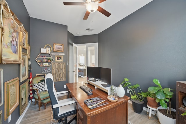 7323 Perching Hawk Trl, Katy, TX 77493 - office area featuring visible vents, ceiling fan, light wood-style floors, and baseboards