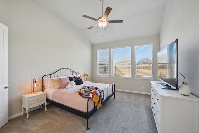 7323 Perching Hawk Trl, Katy, TX 77493 - bedroom featuring baseboards, a ceiling fan, light colored carpet, and lofted ceiling