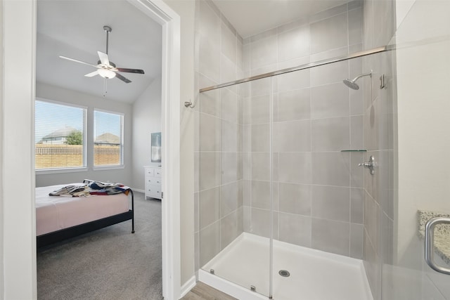 7323 Perching Hawk Trl, Katy, TX 77493 - ensuite bathroom with a shower stall, ceiling fan, and ensuite bath