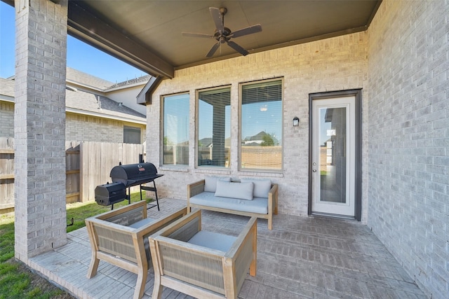 7323 Perching Hawk Trl, Katy, TX 77493 - view of patio featuring ceiling fan, fence, an outdoor hangout area, and a grill