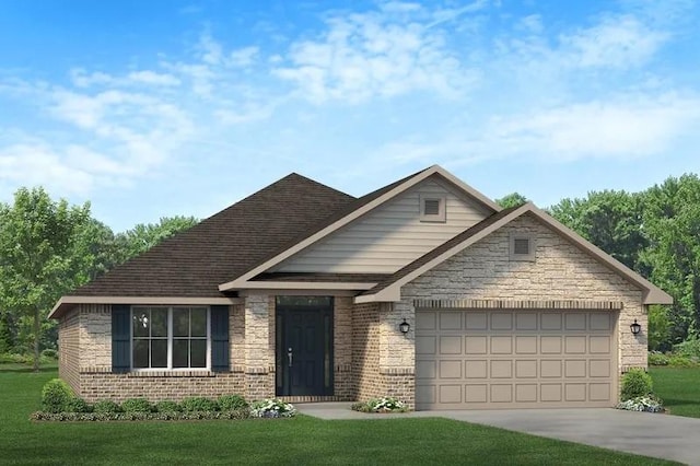 view of front of house with stone siding, a garage, a front lawn, and concrete driveway