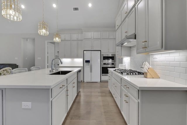 5119 Long Branch Bnd, Fulshear, TX 77441 - kitchen featuring appliances with stainless steel finishes, a sink, under cabinet range hood, a chandelier, and tasteful backsplash