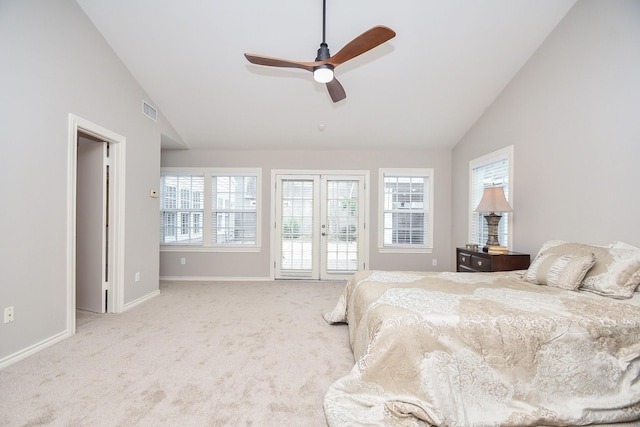 862 W 41st St, Houston, TX 77018 - carpeted bedroom featuring visible vents, baseboards, vaulted ceiling, french doors, and access to outside