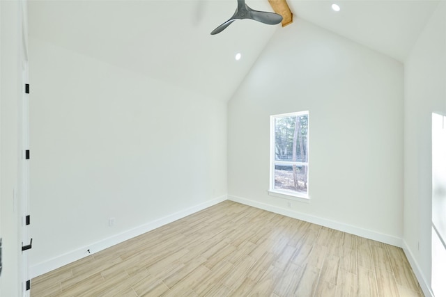 118 Ranger Rd, Huntsville, TX 77340 - additional living space with a ceiling fan, beamed ceiling, light wood-style flooring, high vaulted ceiling, and recessed lighting