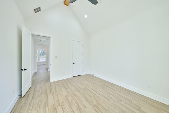 118 Ranger Rd, Huntsville, TX 77340 - unfurnished bedroom with light wood-style flooring, high vaulted ceiling, and a ceiling fan