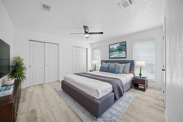 19207 Woodglen Dr, Katy, TX 77449 - bedroom with light wood finished floors, visible vents, and two closets