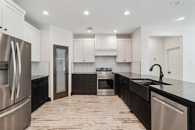 24717 Sligo St, Hempstead, TX 77445 - kitchen with a sink, custom exhaust hood, stainless steel appliances, visible vents, and white cabinets