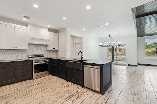 24717 Sligo St, Hempstead, TX 77445 - kitchen with a sink, appliances with stainless steel finishes, dark countertops, custom exhaust hood, and visible vents