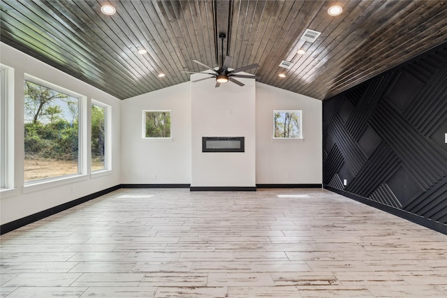 24717 Sligo St, Hempstead, TX 77445 - unfurnished living room featuring vaulted ceiling, wooden ceiling, baseboards, ceiling fan, and visible vents