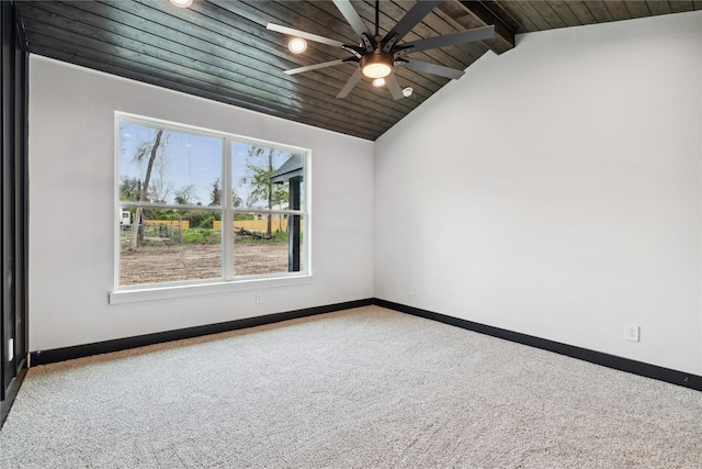 24717 Sligo St, Hempstead, TX 77445 - carpeted empty room featuring wood ceiling, vaulted ceiling with beams, baseboards, and ceiling fan