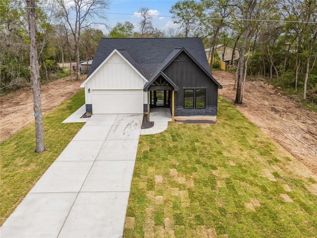 24717 Sligo St, Hempstead, TX 77445 - modern inspired farmhouse with concrete driveway, board and batten siding, a front yard, a garage, and a shingled roof