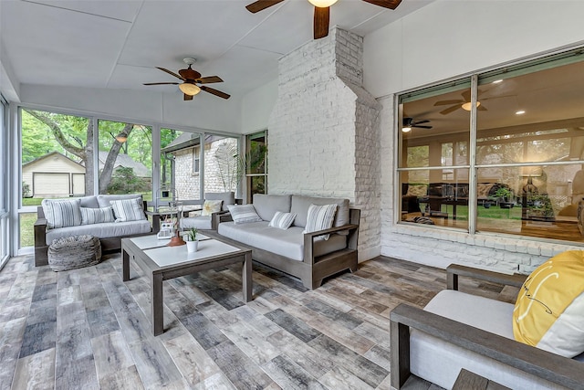 22814 Wren Ln, Tomball, TX 77377 - sunroom featuring ceiling fan, an outdoor living space, and vaulted ceiling