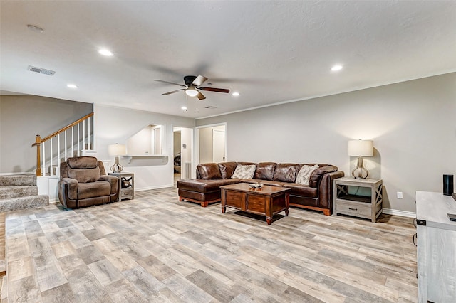 22814 Wren Ln, Tomball, TX 77377 - living area featuring a ceiling fan, light wood-style floors, stairway, recessed lighting, and baseboards