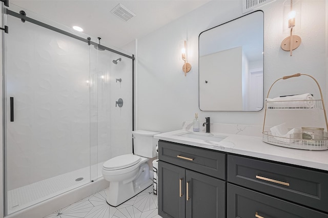 3734 Windswept Dr, Montgomery, TX 77356 - full bathroom featuring toilet, vanity, a stall shower, and tile patterned flooring