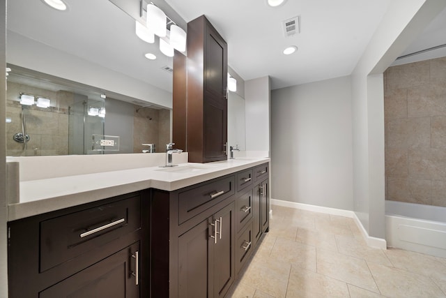 7575 Katy Fwy Unit 4, Houston, TX 77024 - full bath featuring a shower, baseboards, tile patterned floors, double vanity, and recessed lighting