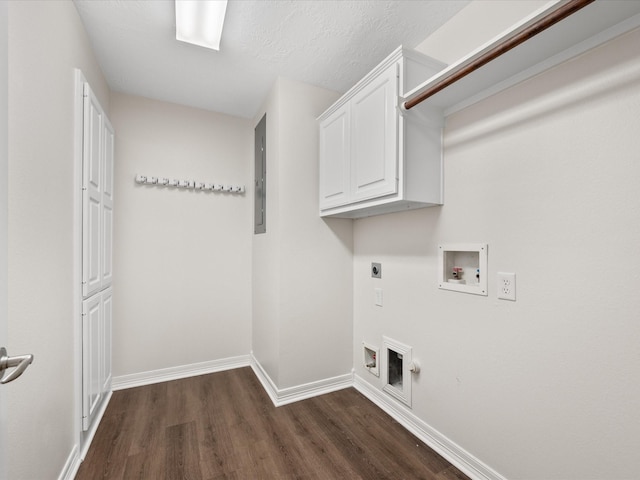laundry room featuring electric dryer hookup, dark wood-type flooring, cabinet space, baseboards, and washer hookup