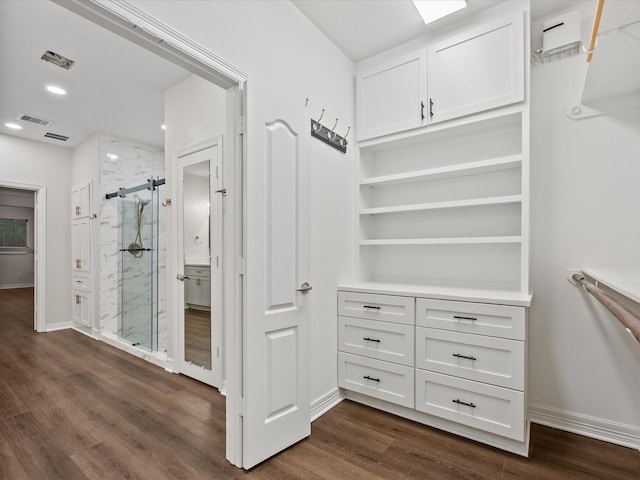 walk in closet with dark wood finished floors