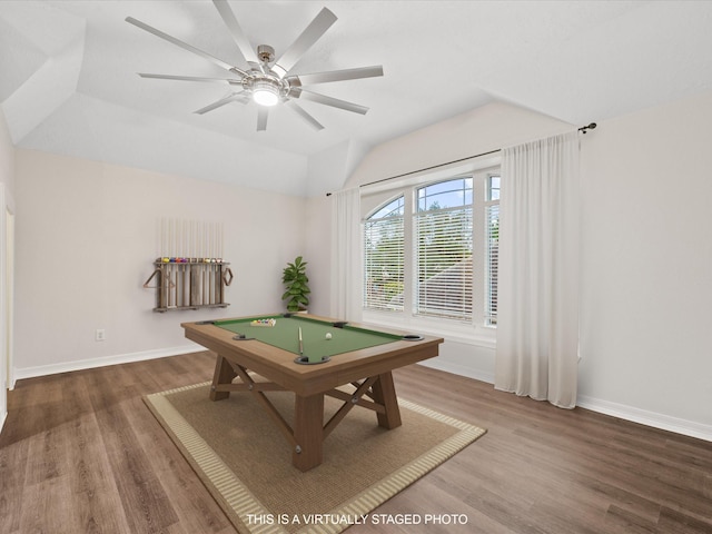 playroom featuring billiards, wood finished floors, vaulted ceiling, baseboards, and ceiling fan