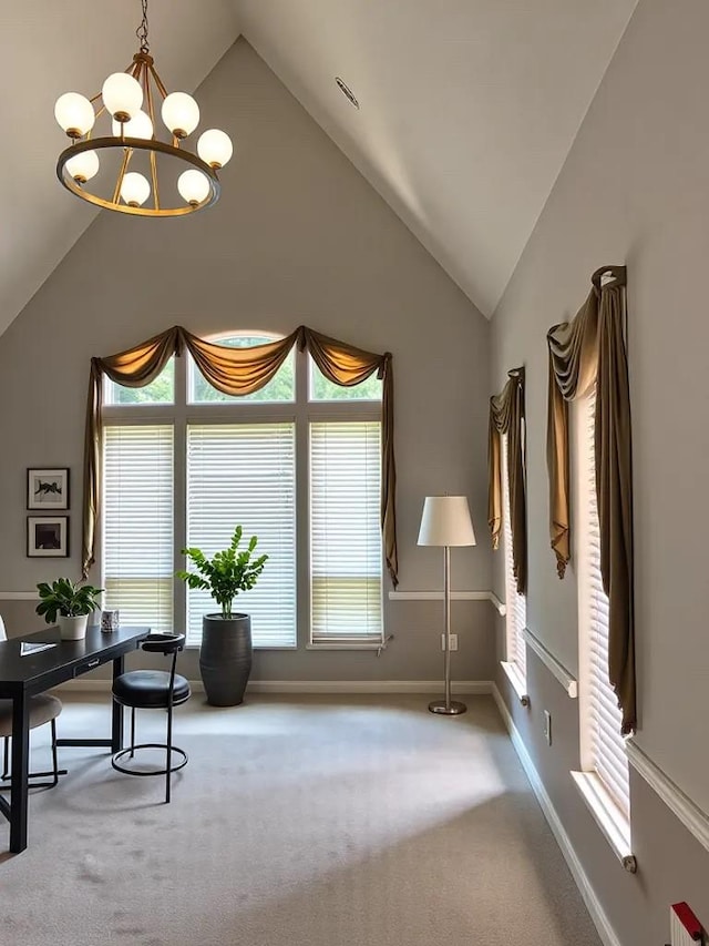 2914 Renoir, Sugar Land, TX 77479 - sitting room featuring vaulted ceiling, a chandelier, carpet floors, and baseboards