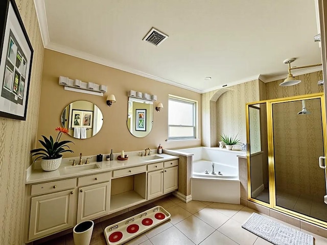 2914 Renoir, Sugar Land, TX 77479 - bathroom with a bath, ornamental molding, a stall shower, double vanity, and tile patterned floors