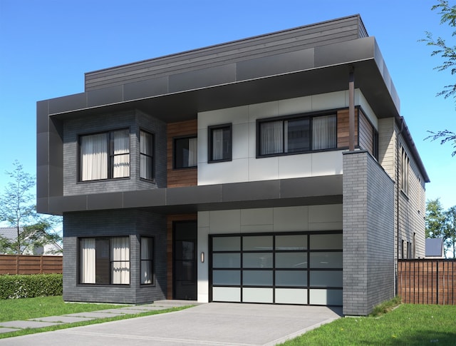 contemporary house with an attached garage, fence, and driveway