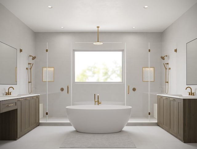 full bath featuring a shower stall, a soaking tub, and vanity