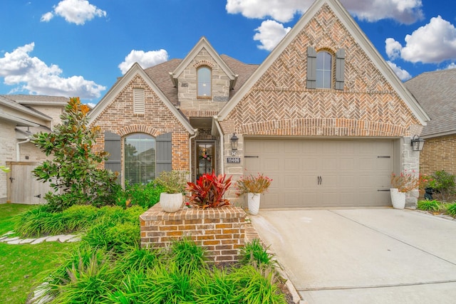 11406 Collinsia Ln, Cypress, TX 77433 - view of front facade featuring brick siding, driveway, stone siding, a garage, and a shingled roof