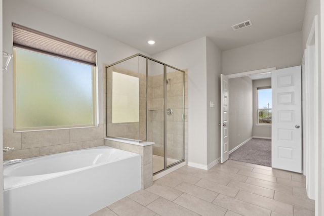 32734 Harvest Valley Dr, Brookshire, TX 77423 - bathroom featuring a stall shower, a garden tub, baseboards, recessed lighting, and tile patterned floors