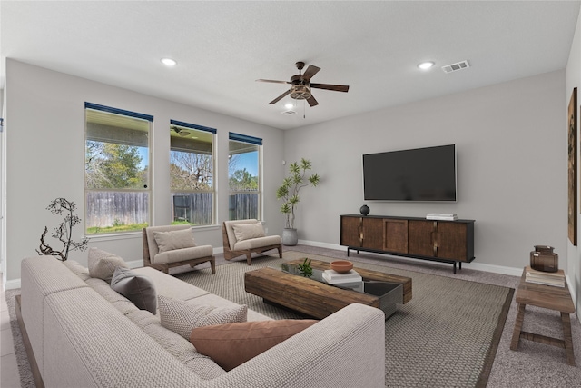 32734 Harvest Valley Dr, Brookshire, TX 77423 - living room featuring a ceiling fan, recessed lighting, and baseboards