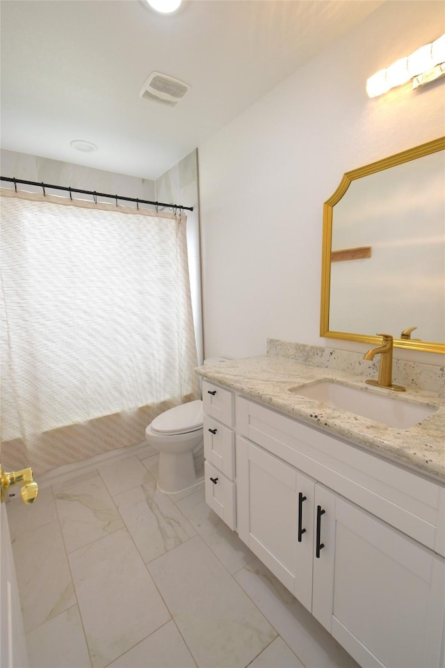 42 County Road 5102l, Cleveland, TX 77327 - bathroom with marble finish floors, vanity, toilet, and a shower with curtain