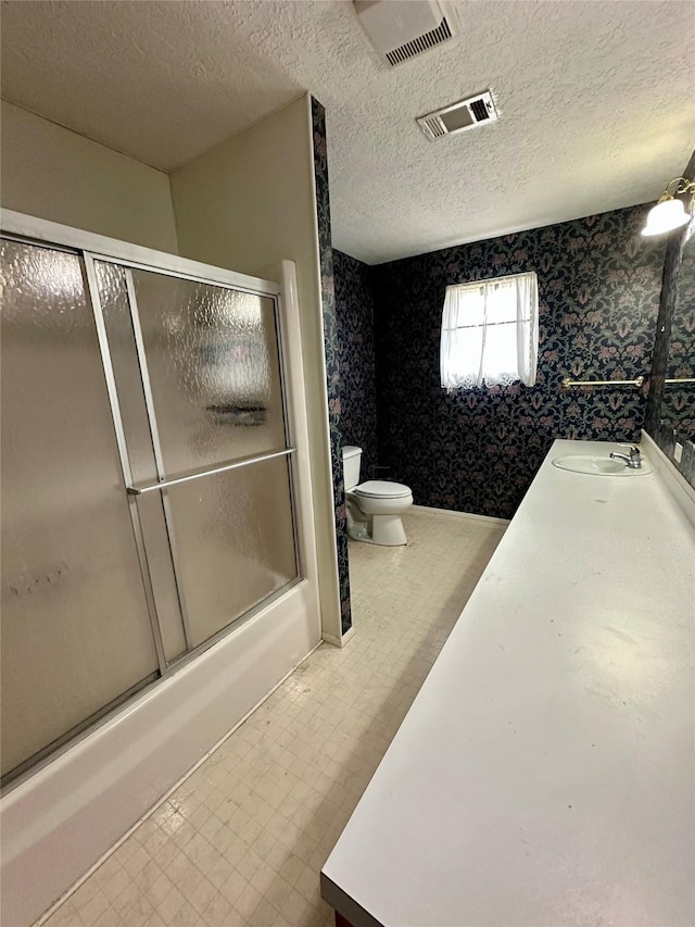 full bathroom with wallpapered walls, visible vents, tile patterned floors, and toilet