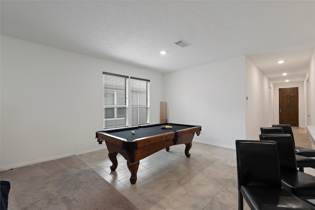 playroom featuring baseboards, recessed lighting, visible vents, billiards, and light tile patterned floors