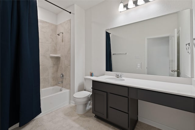 bathroom featuring tile patterned floors, vanity, shower / bathtub combination with curtain, and toilet