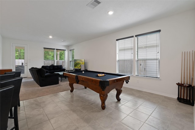 game room featuring light tile patterned flooring, visible vents, pool table, and recessed lighting