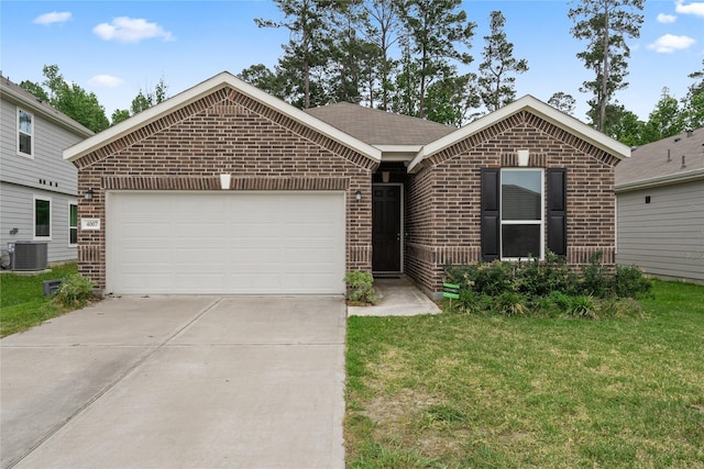 ranch-style house featuring cooling unit, concrete driveway, an attached garage, brick siding, and a front yard