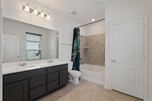 full bath with shower / bath combination with curtain, visible vents, toilet, and a sink