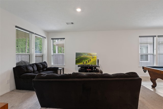 living room with baseboards, billiards, visible vents, and light tile patterned floors