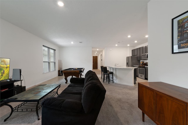 living room featuring light carpet, baseboards, recessed lighting, and billiards
