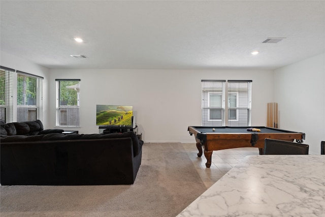 rec room with light carpet, baseboards, visible vents, recessed lighting, and pool table